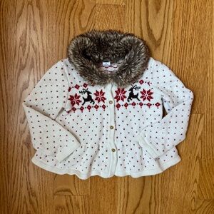 Janie and Jack EUC sz 2 Cozy White Reindeer Cardigan with Faux Fur Collar